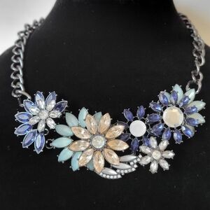 Floral Statement Necklace in Blue and Silver